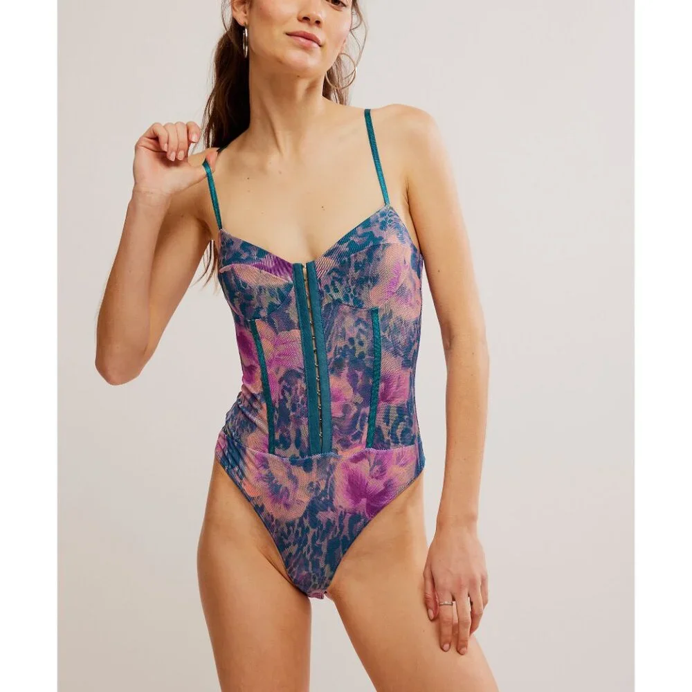 Free People Teal Night Rhythm Green Lace-Print Bodysuit - like new